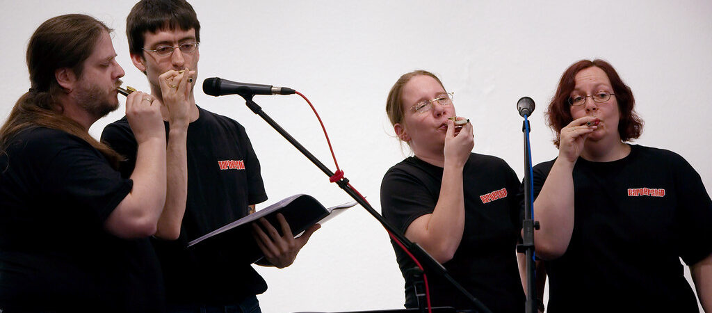 Barbership at DFDF 2010, playing kazoos on stage. We are wearing matching t-shirts with our logo.